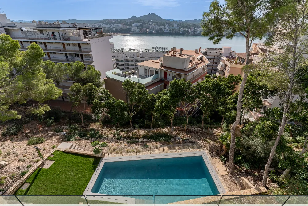 Private swimming pool and landscaped garden overlooking Santa Ponsa bay