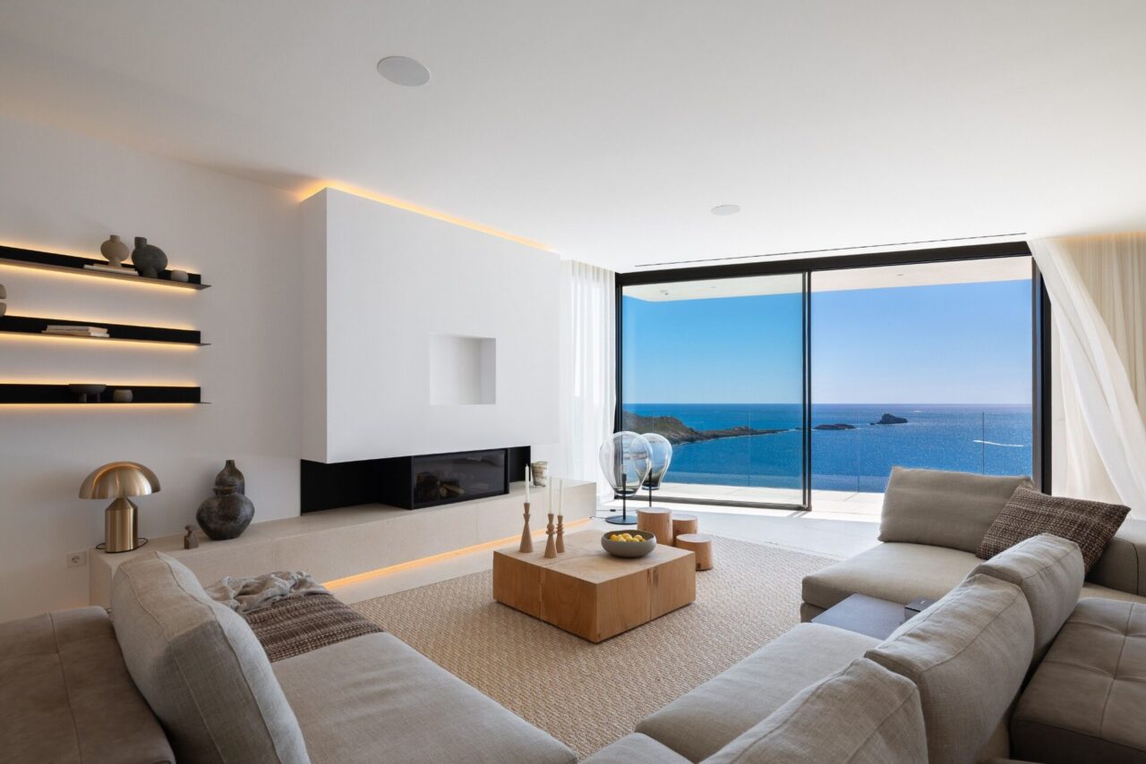 Contemporary living room with panoramic Mediterranean sea view