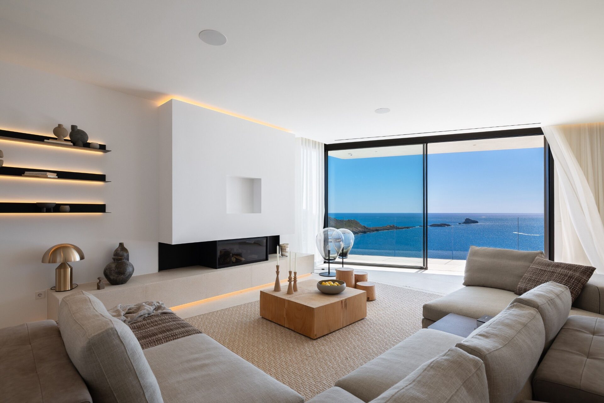 Contemporary living room with panoramic Mediterranean sea view